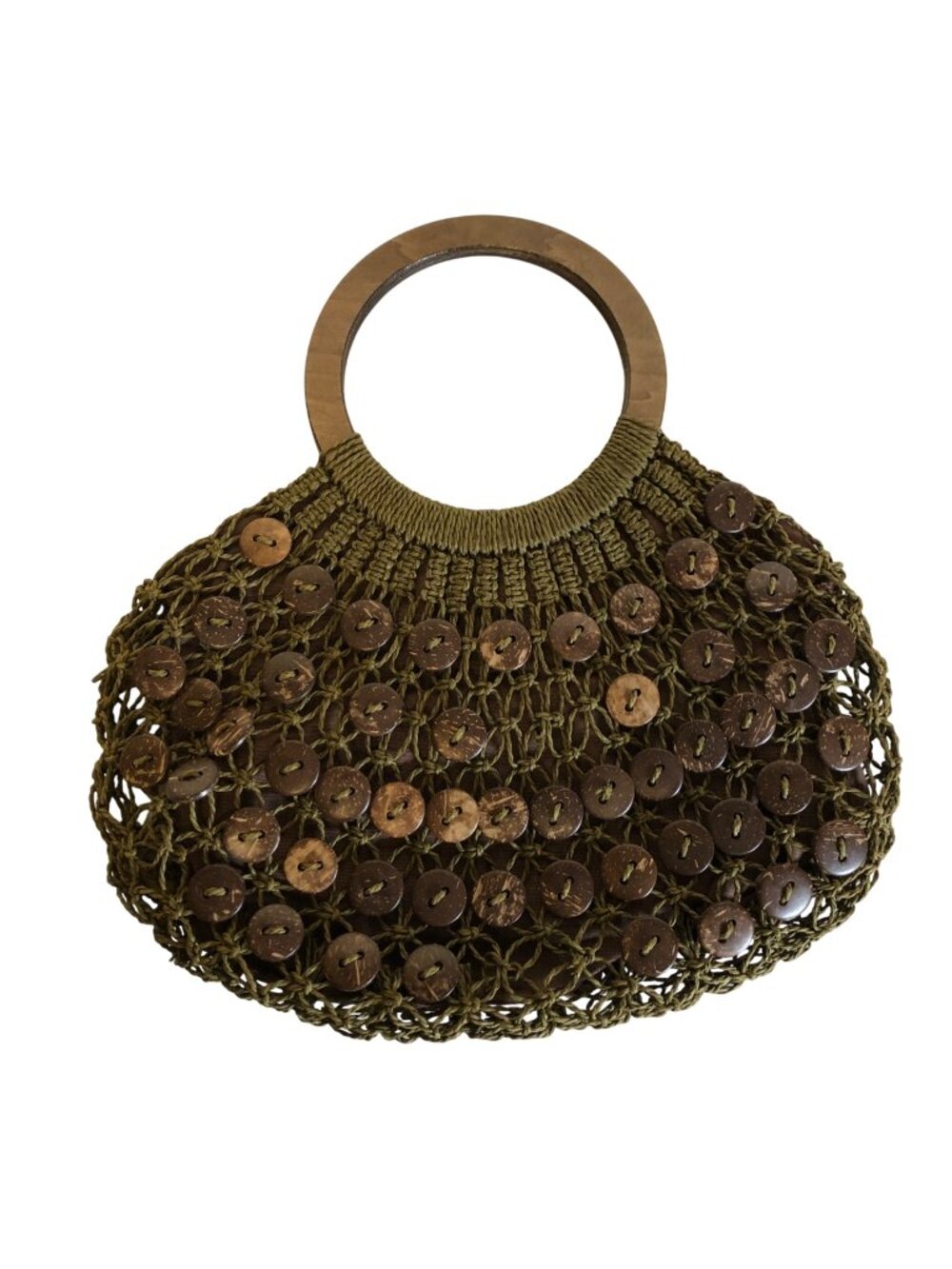 Blue Miami Green Brown Button Design Crochet Wood Circle Handles Boho Retro